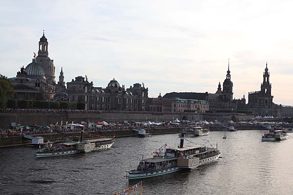 Dampferparade historische Elbdampfer vor der historischen Altstadt von Dresden
